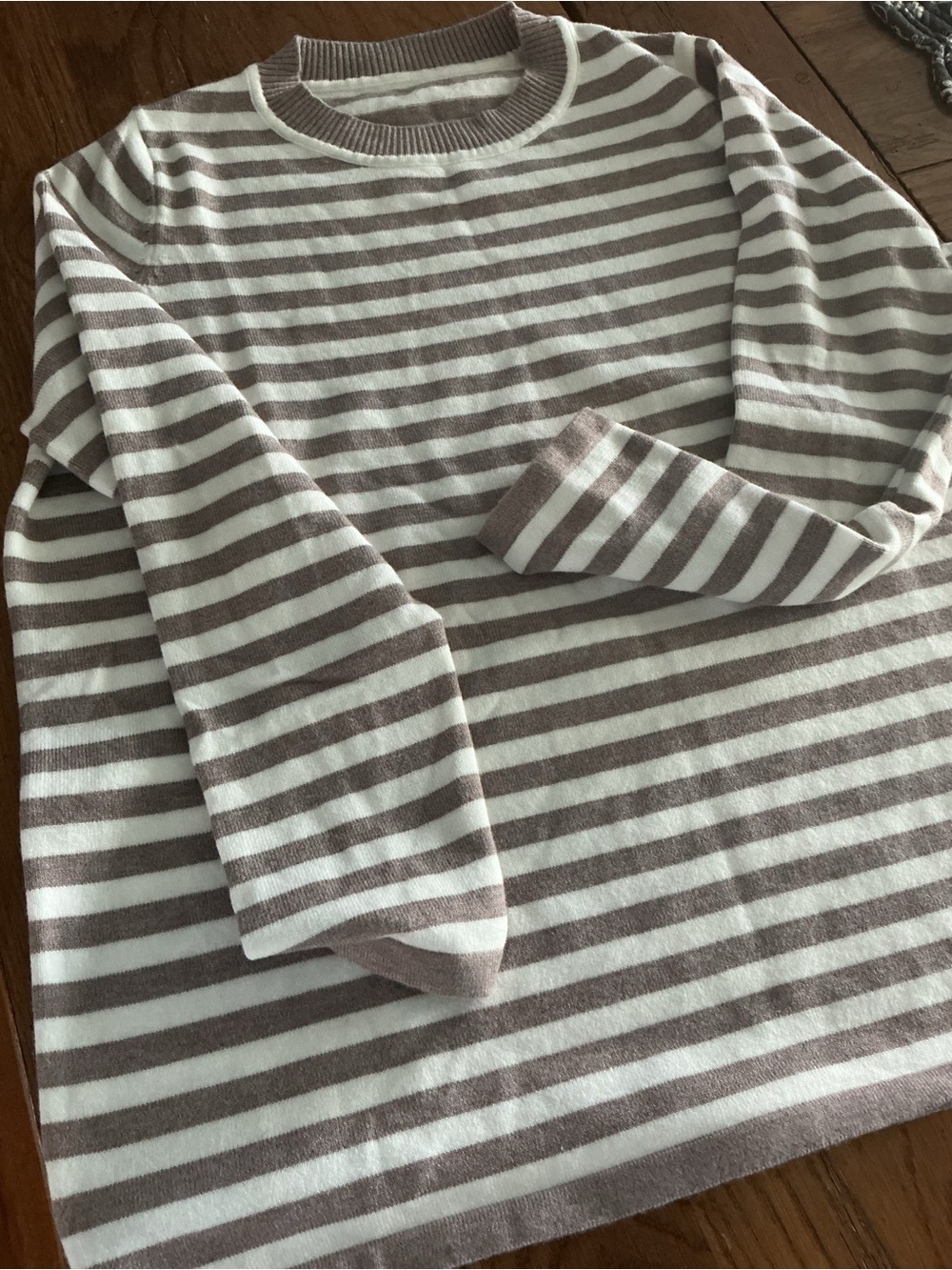 Striped Crewneck Sweater in Taupe and White